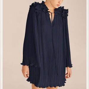 Rebecca Taylor Navy Pleated Ruffle Long-Sleeve Mini Dress